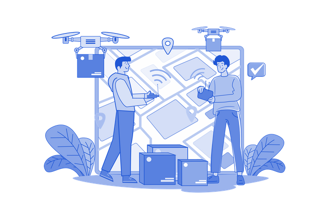 Un type livrant des boîtes de courses via un drone électrique sans fil  Illustration