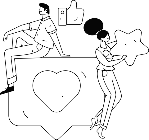 Des gars qui cherchent des commentaires sur les réseaux sociaux à l'aide d'un mobile  Illustration