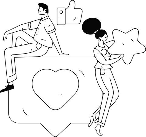 Des gars qui cherchent des commentaires sur les réseaux sociaux à l'aide d'un mobile  Illustration