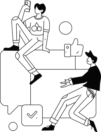 Des gars qui cherchent des commentaires sur les réseaux sociaux à l'aide d'un mobile  Illustration