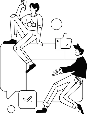 Des gars qui cherchent des commentaires sur les réseaux sociaux à l'aide d'un mobile  Illustration