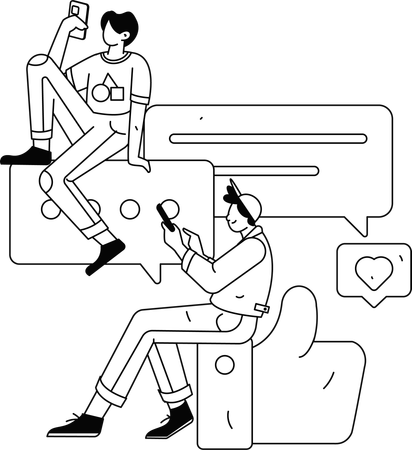 Des gars qui cherchent des commentaires sur les réseaux sociaux à l'aide d'un mobile  Illustration
