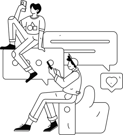Des gars qui cherchent des commentaires sur les réseaux sociaux à l'aide d'un mobile  Illustration