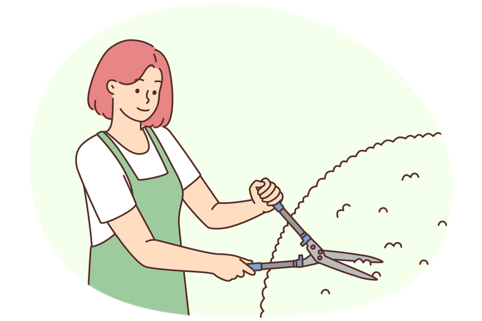 Gärtnerin in Schürze schneidet Büsche mit der Schere  Illustration