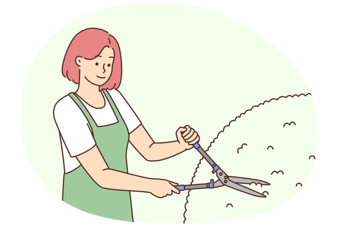 Gärtnerin in Schürze schneidet Büsche mit der Schere  Illustration