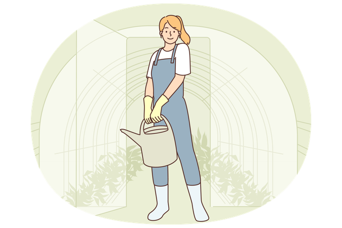 Gärtnerin kommt aus Gewächshaus aus Glas und hält Gießkanne mit Dünger gefüllt  Illustration
