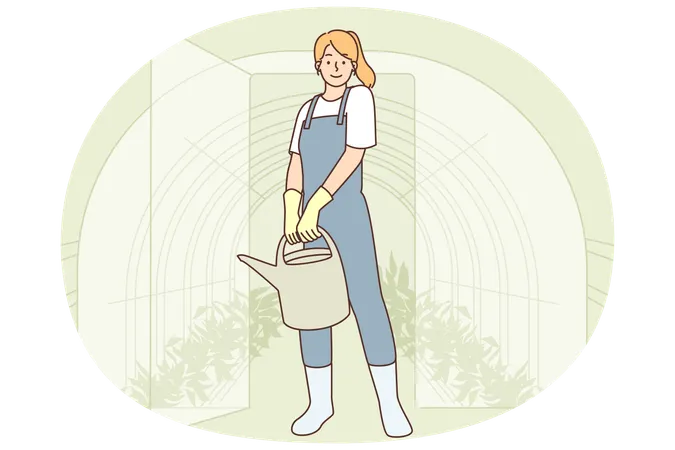 Gärtnerin kommt aus Gewächshaus aus Glas und hält Gießkanne mit Dünger gefüllt  Illustration