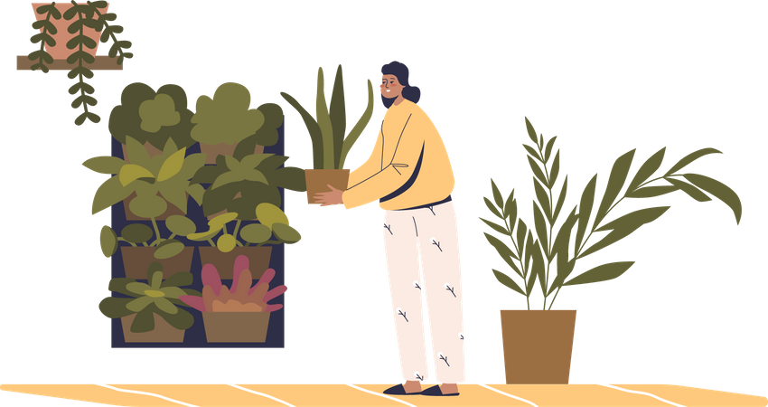 Gärtnerin kümmert sich um Pflanzen im Topf  Illustration