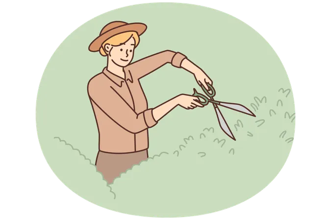 Gärtnerin verwendet große Schere, um Büsche zu formen und kranke Zweige zu entfernen  Illustration