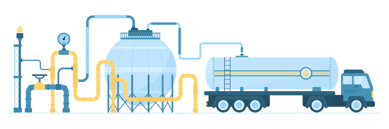 Gas Industry System With Storage And Transportation Of Natural Liquefied Gas Vector Illustration Cartoon Industrial Plant With Tank And Pipe Under Pressure Valve And Flame On Tower Delivery Truck イラスト