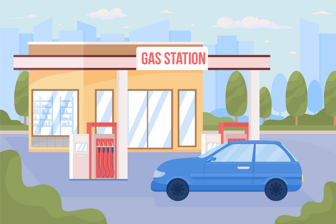 Gas station and car in city Illustration