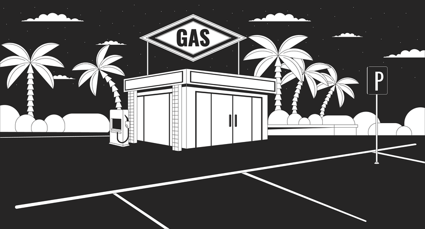 Gas station convenience store nighttime  Illustration