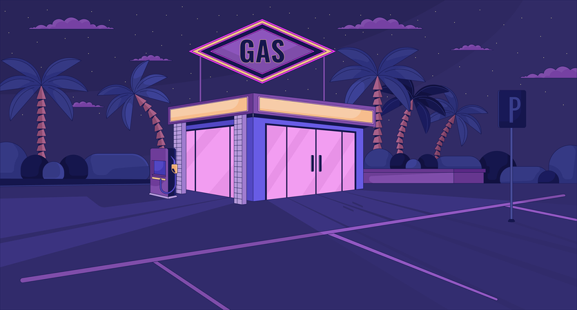 Gas station convenience store nighttime  Illustration