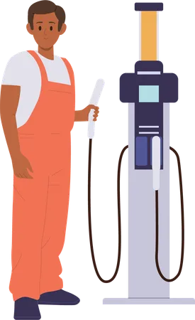 Gas Station Fuel Attendant Cartoon Character In Workwear Standing Nearby Pump Tank For Car Refueling Service Vector Illustration Isolated On White Background Young Guy Employee Selling Fuel Illustration