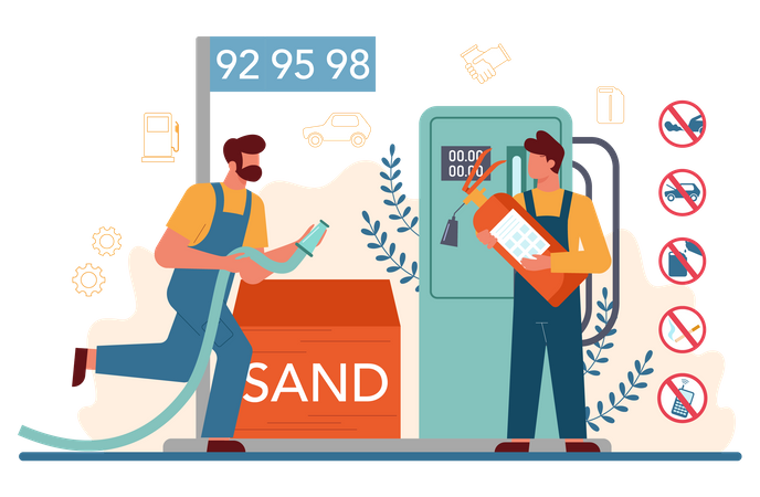 Gas station worker checking safety points in petroleum station  Illustration