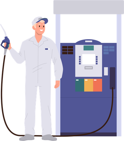 Gas station worker in uniform holding filling gun standing nearby petrol pump  Illustration