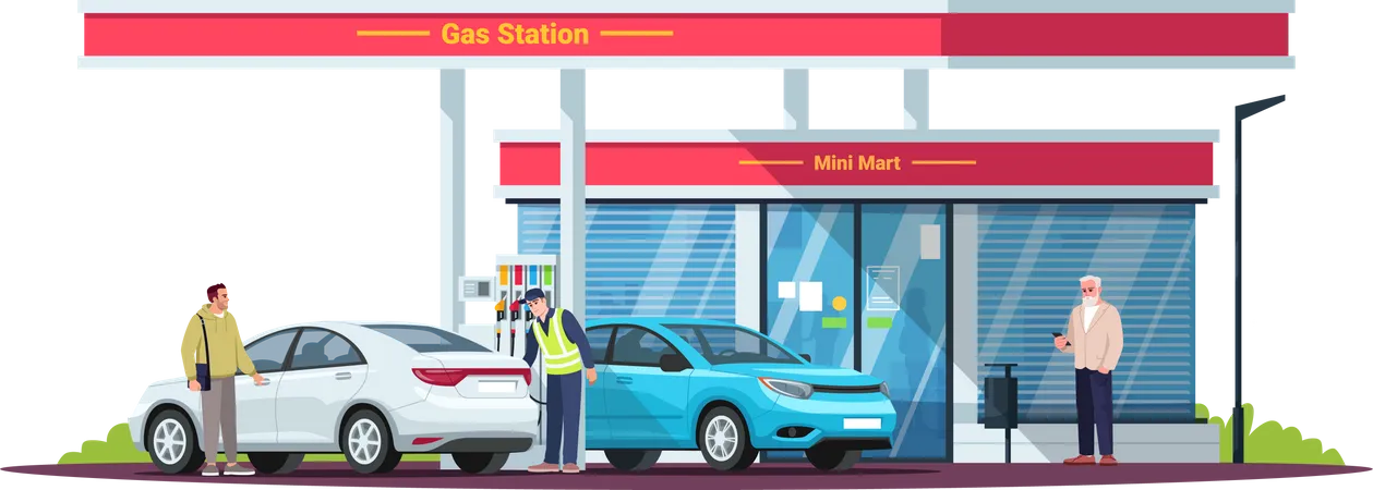 Gasolinera con gente  Ilustración