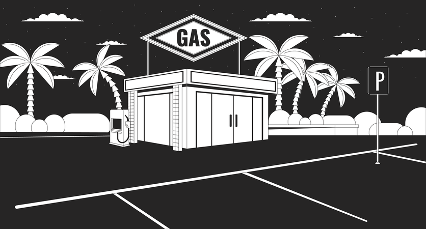 Tienda de conveniencia de gasolinera por la noche  Ilustración