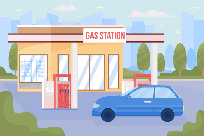 Gasolinera y coche en la ciudad.  Ilustración