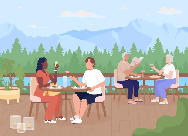 Gäste genießen Abendessen im Bergresort  Illustration