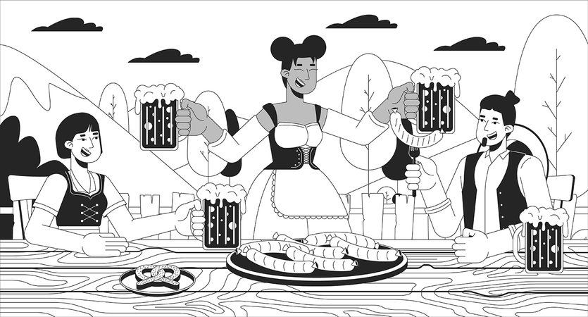 Gäste genießen Bier auf dem Oktoberfest  Illustration