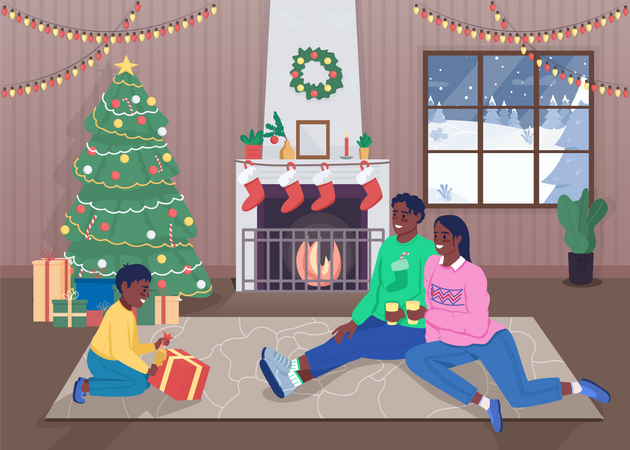 Família passando bons momentos na véspera de Natal  Ilustração