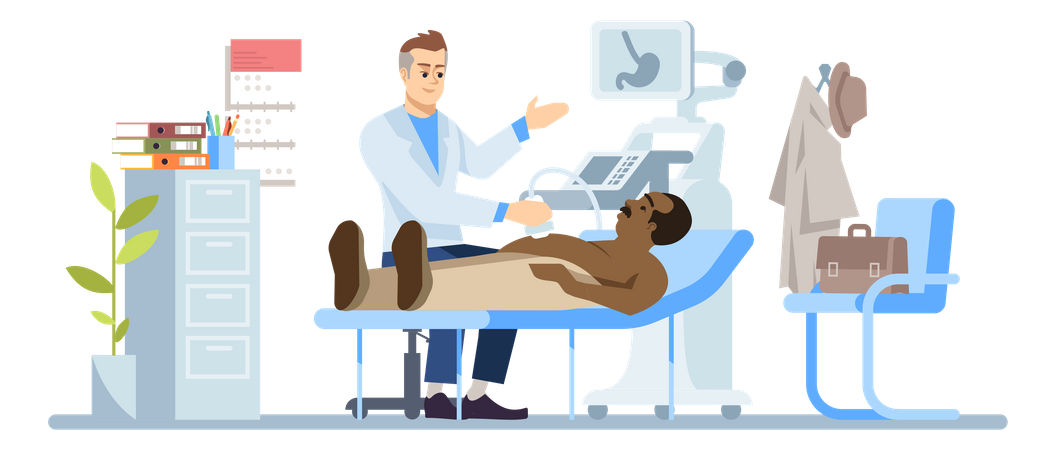Gastroenterólogo examinando a un hombre con problemas de estómago  Ilustración
