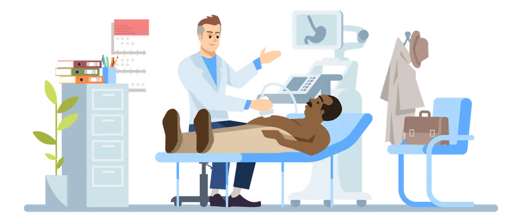 Gastroenterólogo examinando a un hombre con problemas de estómago  Ilustración