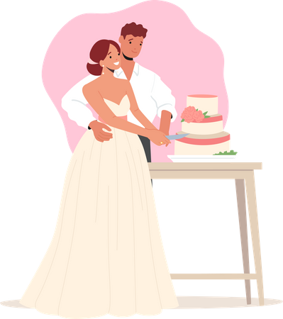 Gâteau coupé par le marié et la mariée pendant la cérémonie de mariage  Illustration