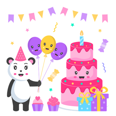 Gâteau d'anniversaire et Panda avec ballon  Illustration