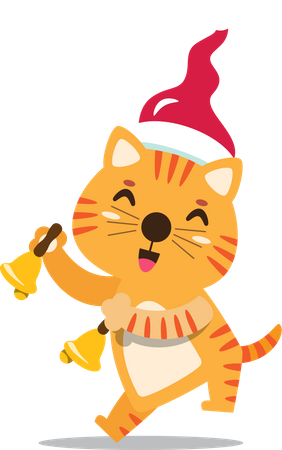 Gatito con gorro de Papá Noel tocando campanas  Ilustración