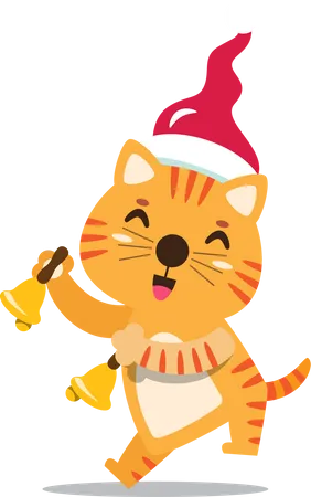 Gatito con gorro de Papá Noel tocando campanas  Ilustración