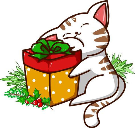 Gato abraza el regalo de Navidad.  Ilustración