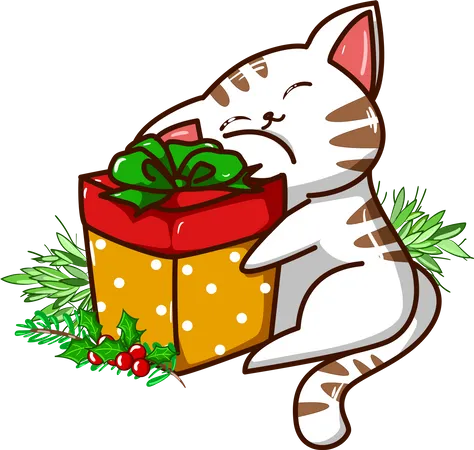 Gato abraza el regalo de Navidad.  Ilustración