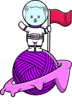 Astronauta gato segurando uma bandeira no planeta Yarn  Ilustração