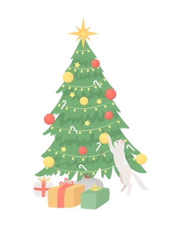 Gato brincando com árvore de natal  Ilustração