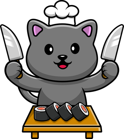Chef gato con sushi y cuchillo  Ilustración