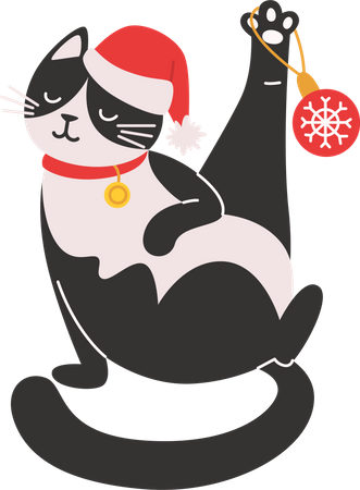 Gato com chapéu de Papai Noel está brincando com uma decoração de Natal  Ilustração