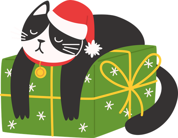 Gato com chapéu de Papai Noel está na caixa de Natal  Ilustração