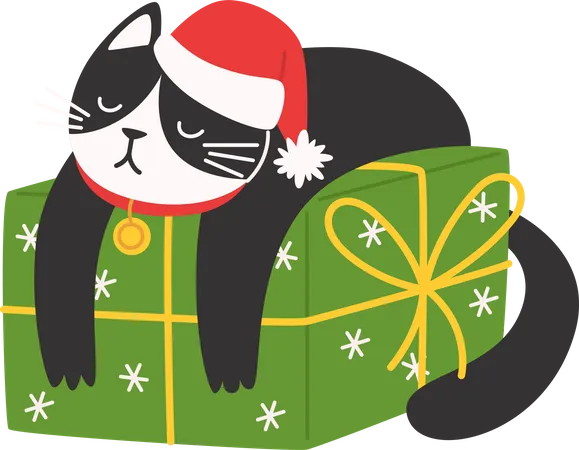 Gato com chapéu de Papai Noel está na caixa de Natal  Ilustração