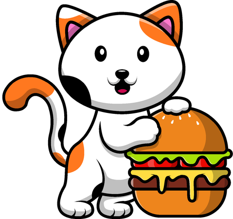 Gato com hambúrguer grande  Ilustração