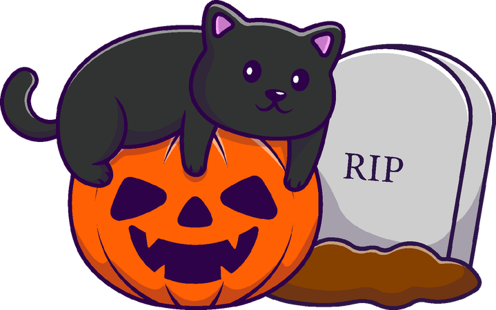 Gato Con Calabaza Halloween Y Lápida  Illustration