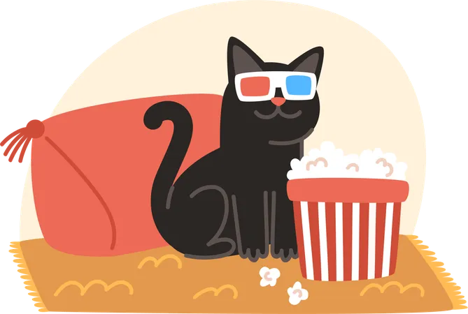 Gato con gafas 3D y comiendo palomitas de maíz mientras ve una película  Ilustración