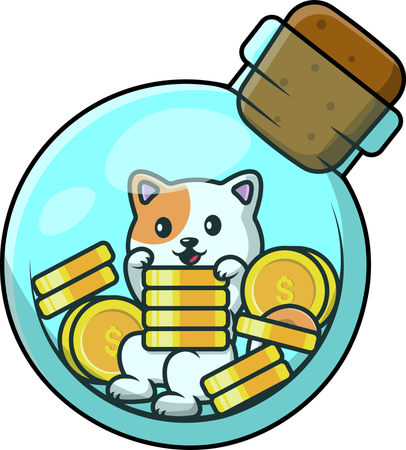 Gato con moneda de oro en botella  Ilustración