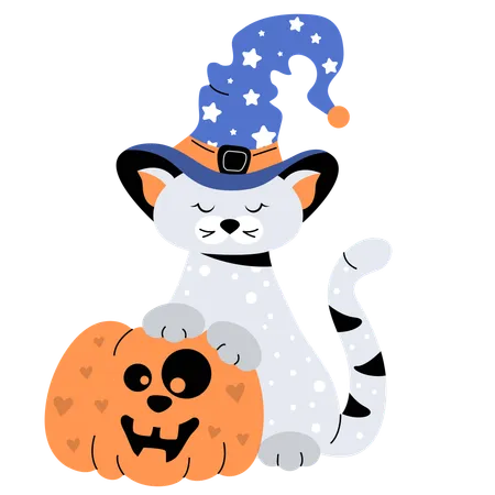 Gato de Halloween com abóbora  Ilustração