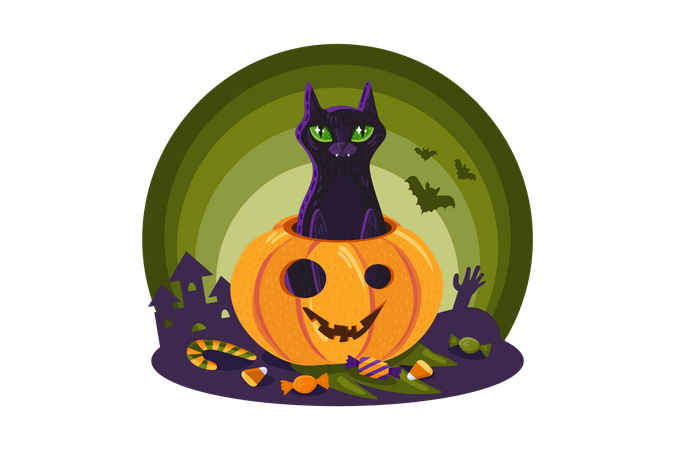 Gato de Halloween en calabaza  Ilustración