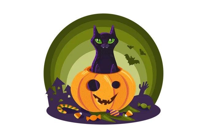 Gato de Halloween en calabaza  Ilustración