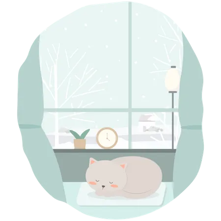 Vetor Do Ultimo Inverno Com Gato Deitado Em Casa Ilustração