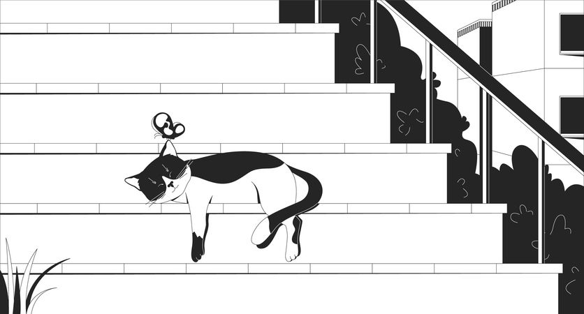 Gato de esmoquin durmiendo en escaleras exteriores con mariposa  Ilustración