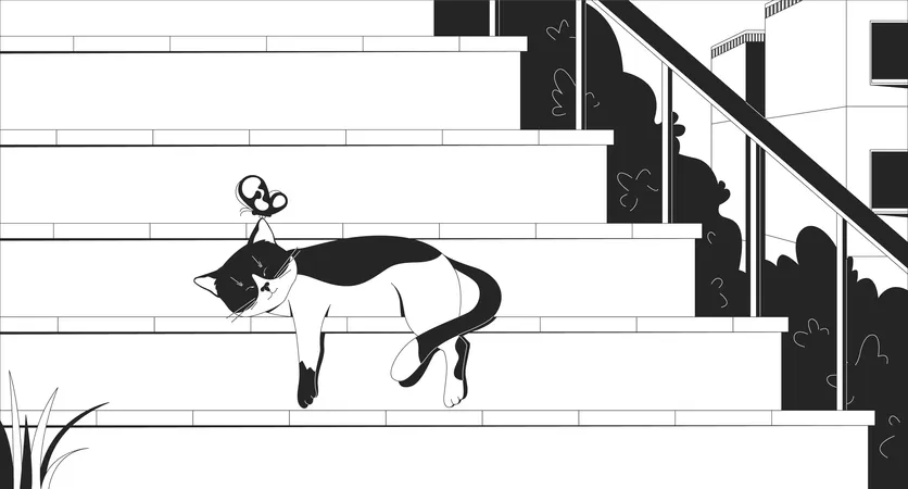 Gato de esmoquin durmiendo en escaleras exteriores con mariposa  Ilustración
